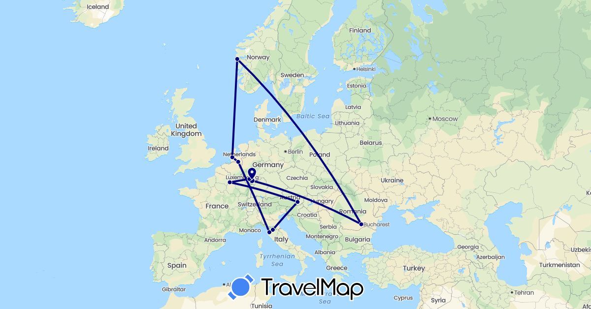TravelMap itinerary: driving in Austria, Germany, France, Italy, Netherlands, Norway, Romania (Europe)